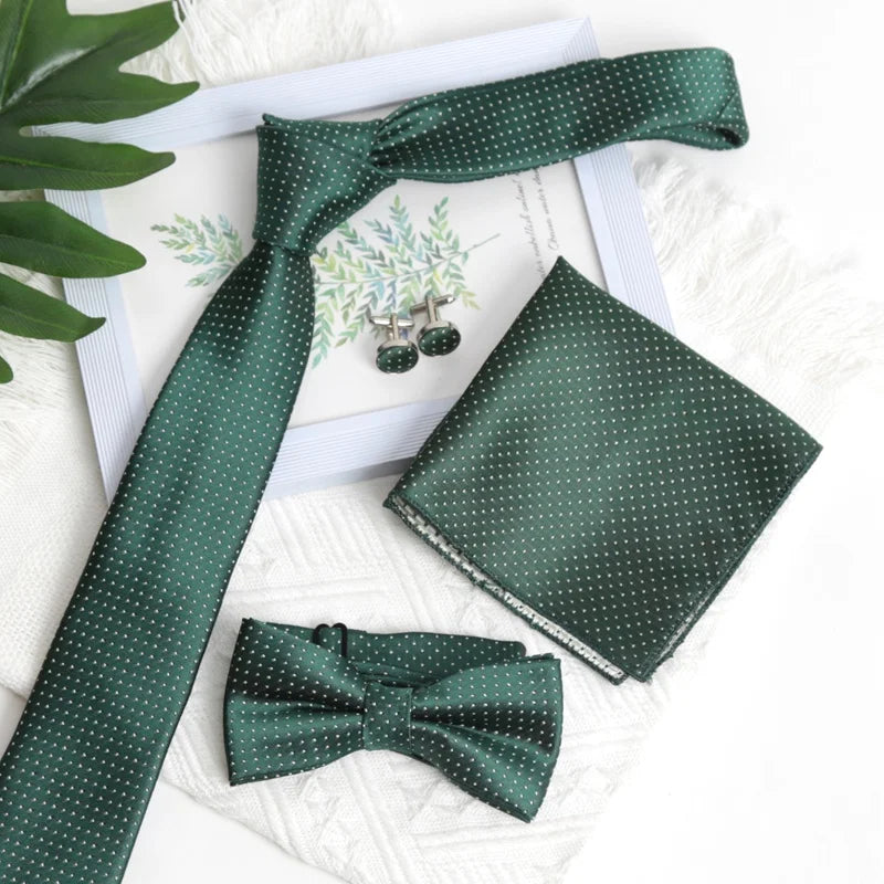 New Tie Set Fashion Wholesale Bright Green Bowtie Male Formal Necktie Cravat Cufflinks Set for Men Party Wedding Accessories Qme