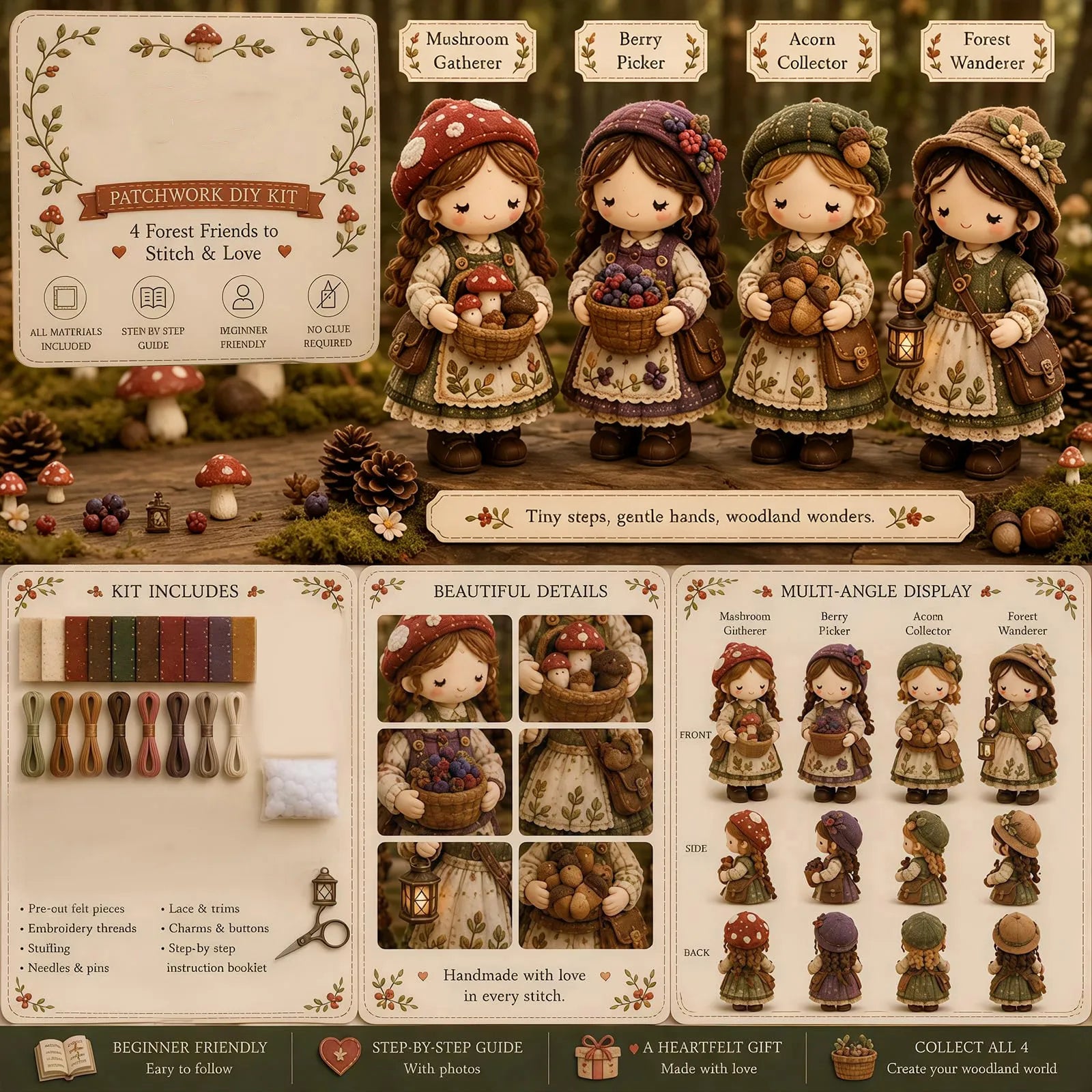 New Beautiful Girls Patchwork DIY Kit Handmade Felt Doll Sewing Craft for Beginner Includes All Materials Unique Gift Qme G One Size