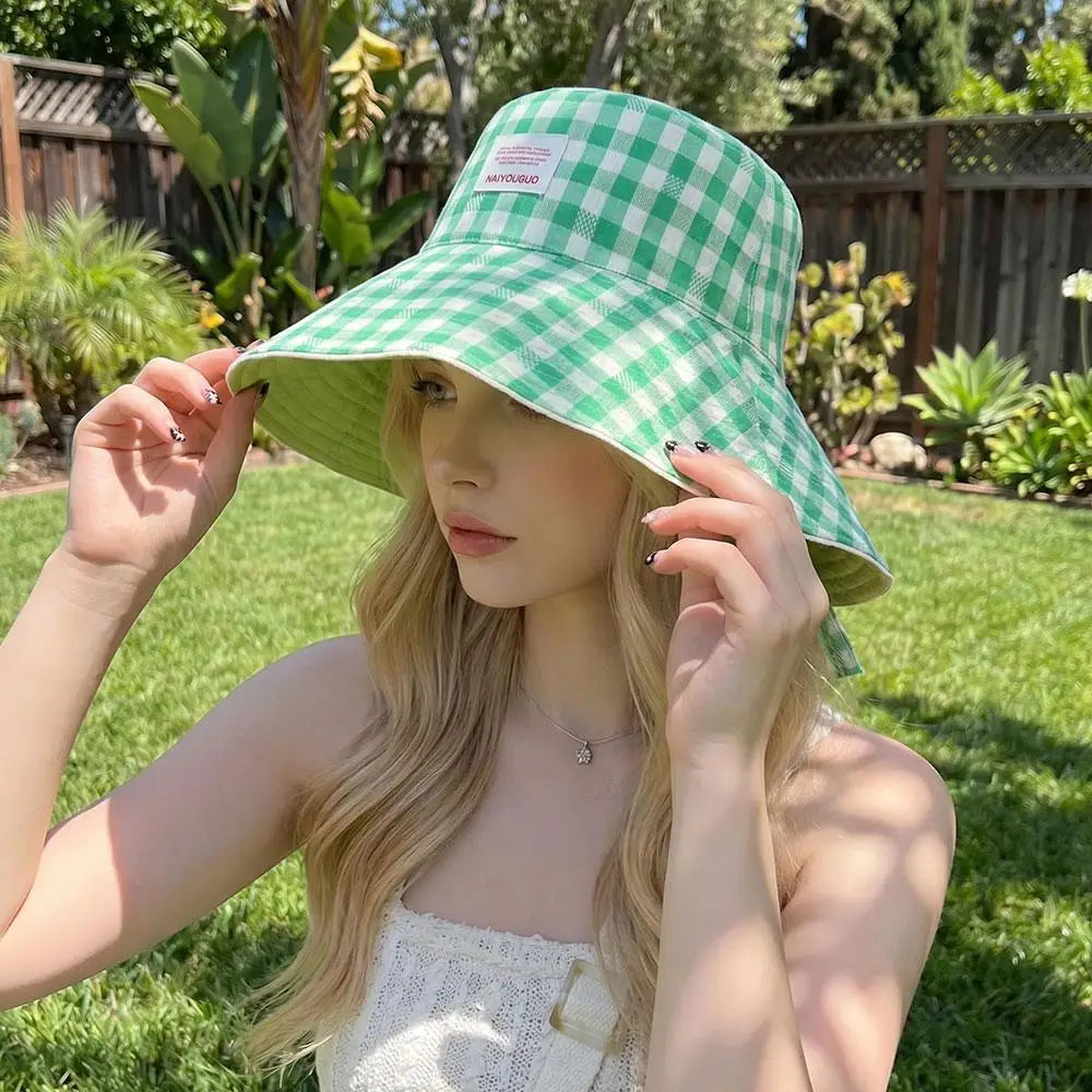 Women Girl Fisherman Hat Double Sided Sun Korean Ins Plaid Tie Strap Qme