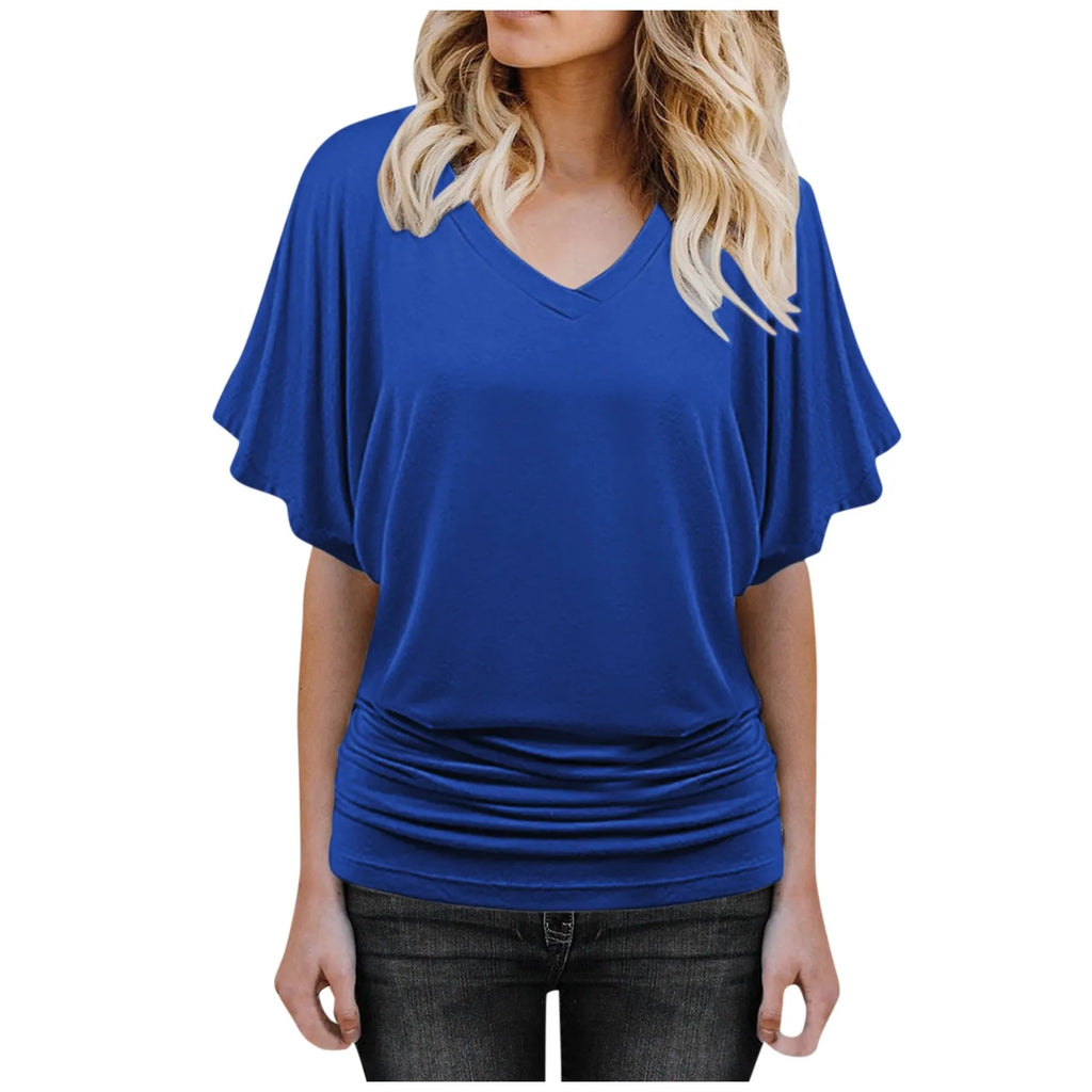 Soft Pleated Summer Bating Short Sleeved V-neck Solid Color T-Shirt Fashionable Classic Soft And Comfortable Daily Top For Lady Qme