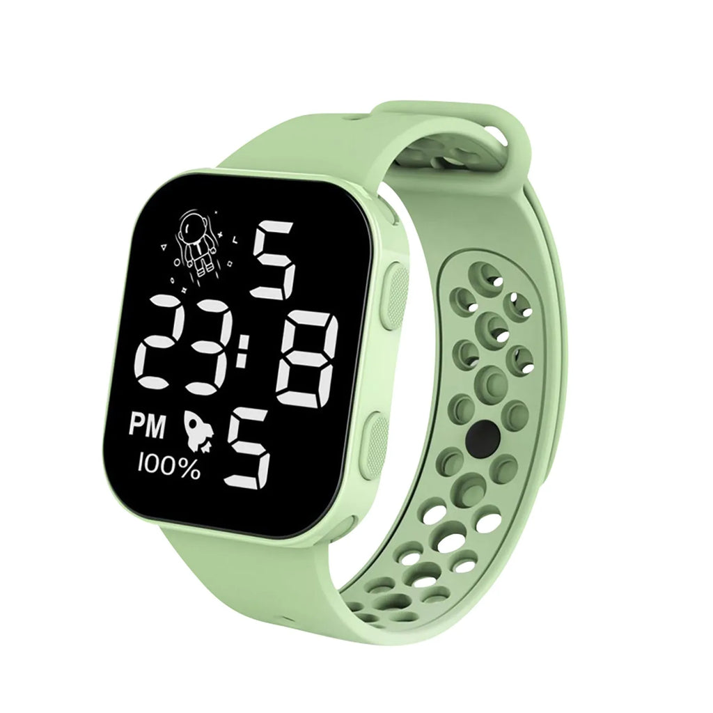 Children’s Solid Color Simple Fashion And Breathable Silicone Strap With Led Display Square Dial Calender Electronic Sport Watch Qme