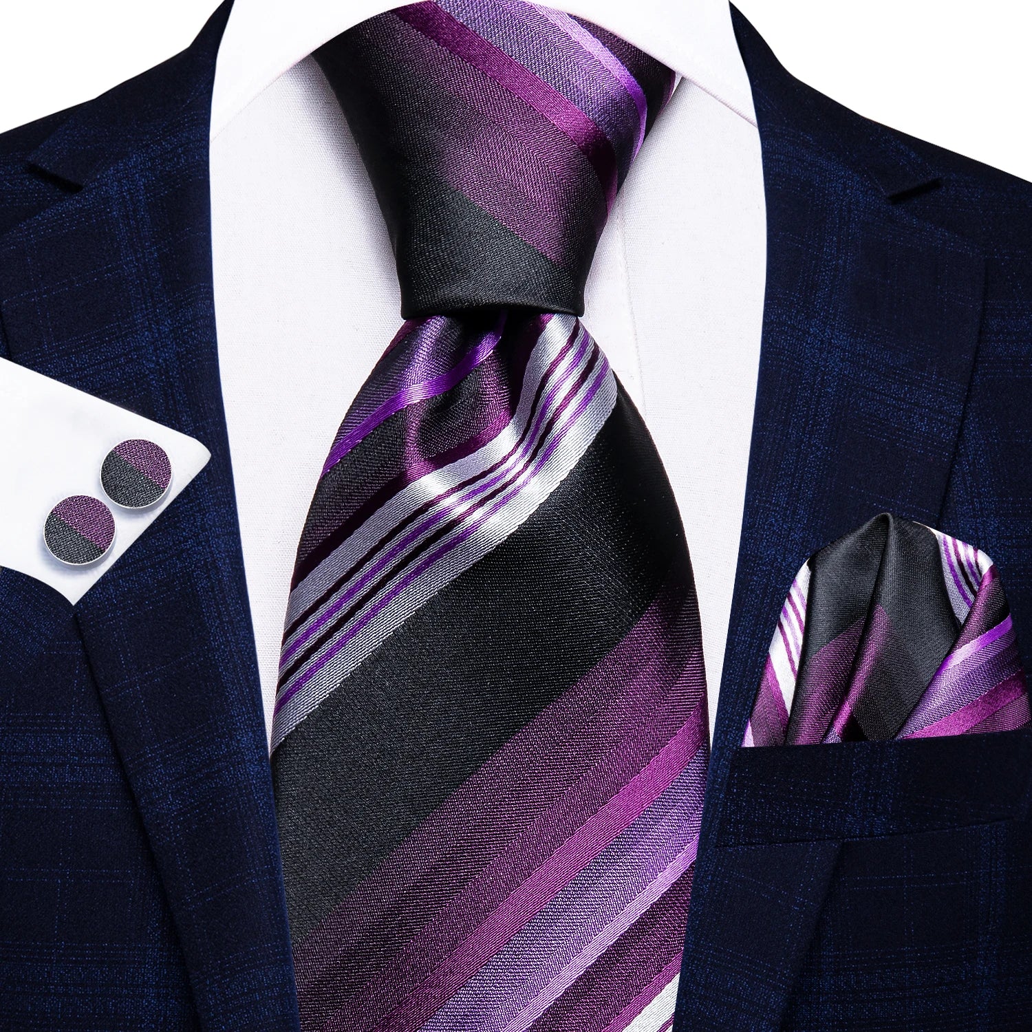 Hi-Tie 3pcs Mens Tie Purple Floral Stripes Solid Necktie Pocket Square Cufflinks Set Wedding Formal Casual Office Party Qme LDSN3795