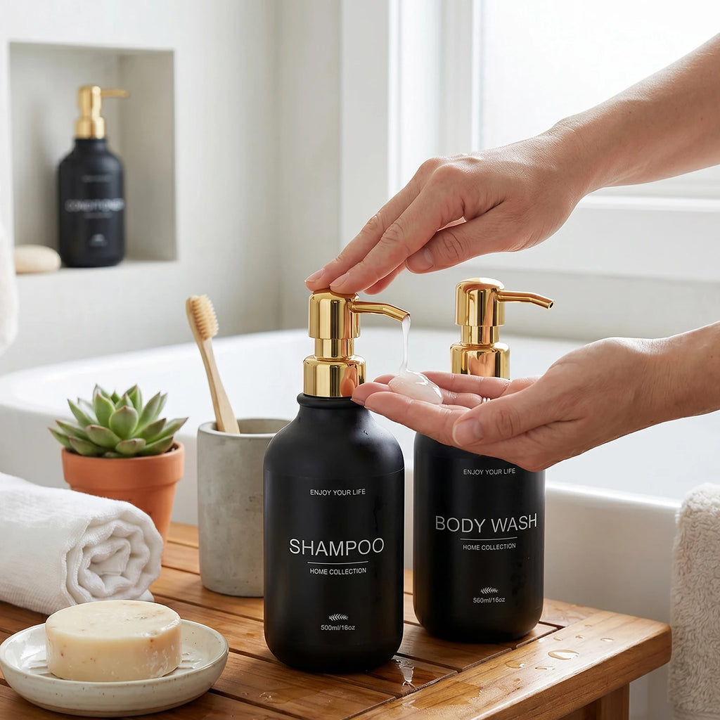 Matte Black Shower Dispenser Bottles Plastic Shampoo Conditioner Body Wash Pump Bottles with Gold for Bathroom Vanity Shower Qme