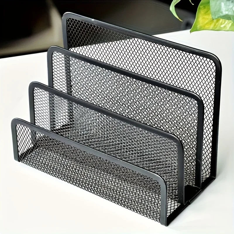 Multifunctional Office Desk Organizer Set - Metal Mesh File Rack, Letter Holder, Multi-Tier Bookshelf, Envelope and Card Stand Qme