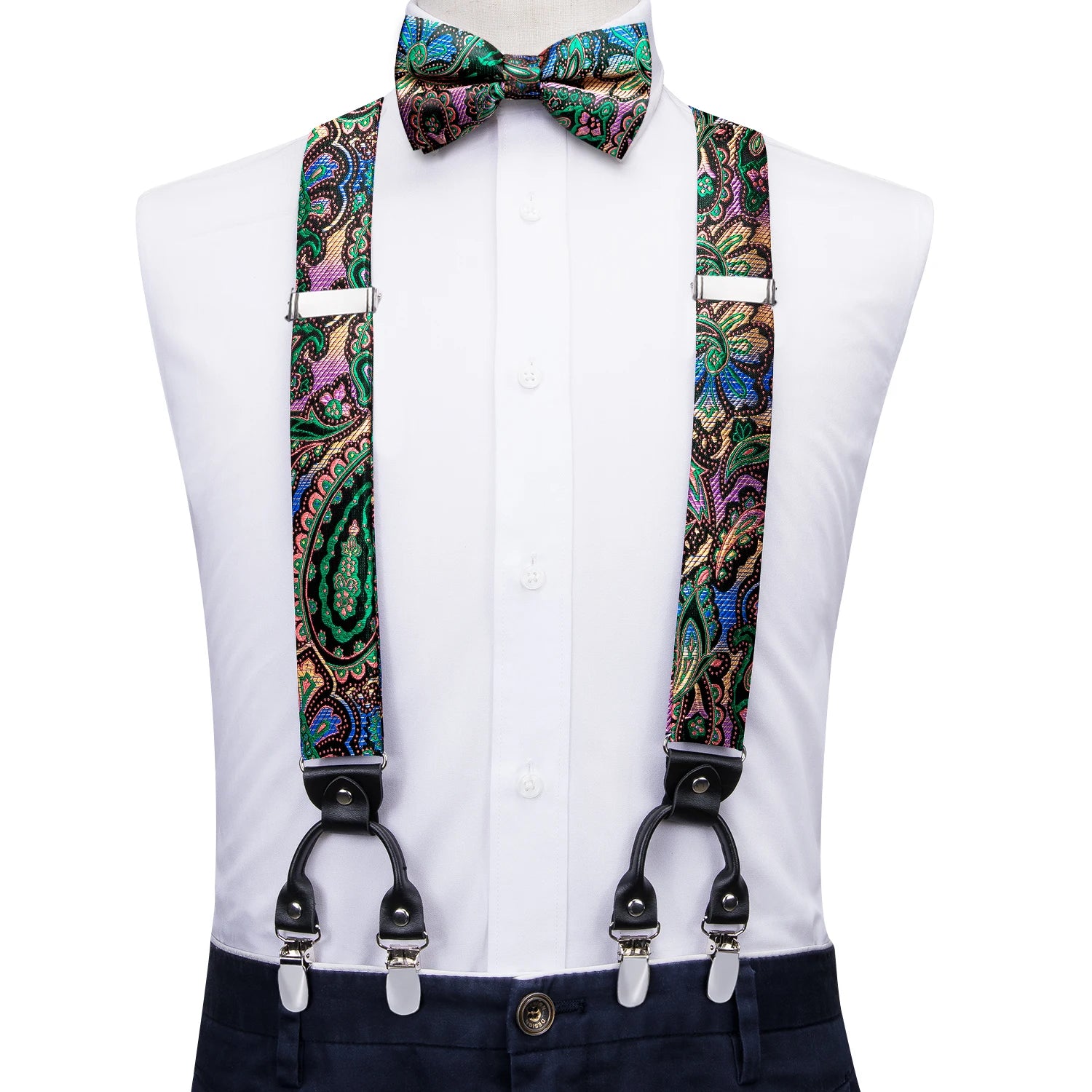 Silk Woven Mens Suspenders Bow Tie Hanky Cufflinks Strength 6 Clips