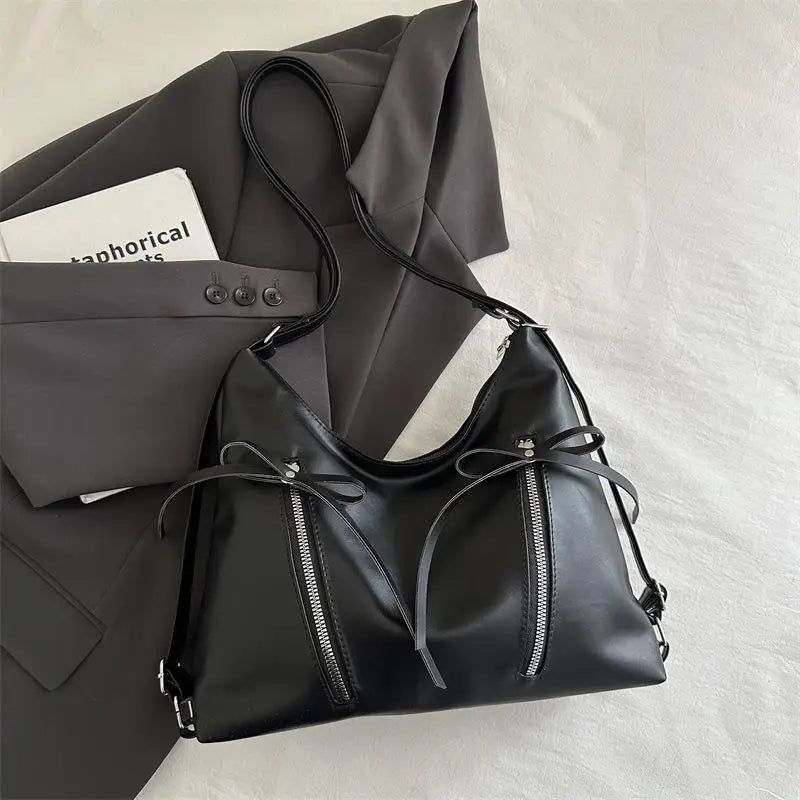 Retro Large Capacity Soft Leather Tote Bag with Knot - Casual Double Shoulder Bag Trendy Sle Women Handbag for Work Qme Black