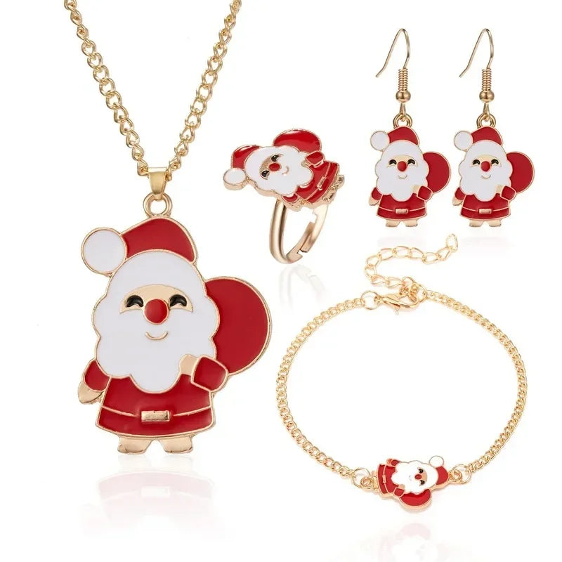 4PCS/Set Christmas Women Alloy Jewelry Set Santa Elk Bell Earrings Necklace Bracelet Decor Xmas Accessories Gift for Girl Women Qme