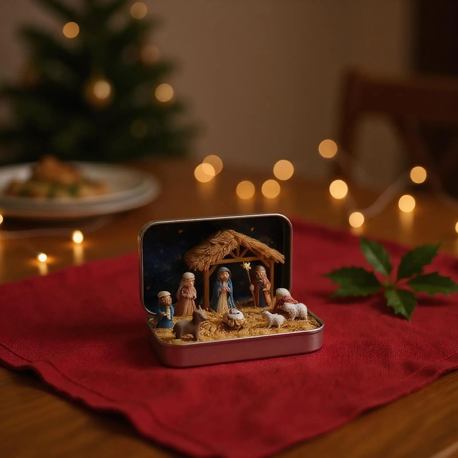 Miniature Nativity Tin Box Christmas Table Decoration Tabletop Qme