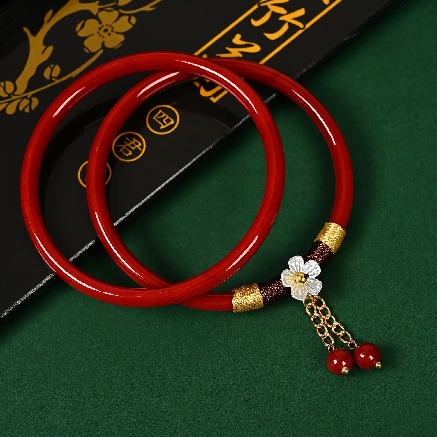 2Pcs/Set Natural Jade Jingle Bangles Retro Simple Fairy Flower Glass Bracelet Femme Fashion Women's Casual China Jewelry Gifts Qme
