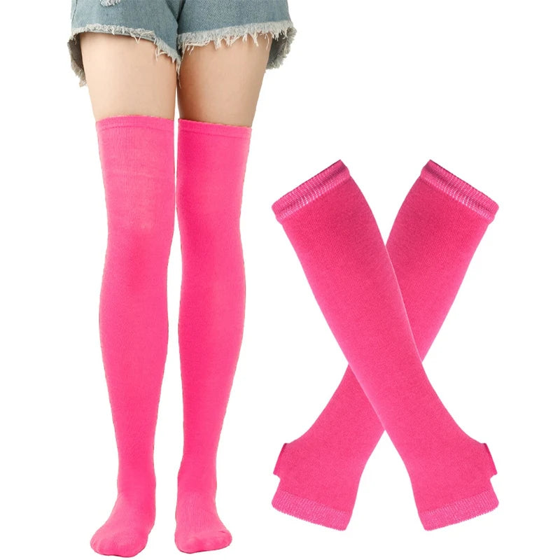 Women Girls Over Knee Long Stripe Thigh Cotton Gothic Lolita Socks Qme rose red One Size