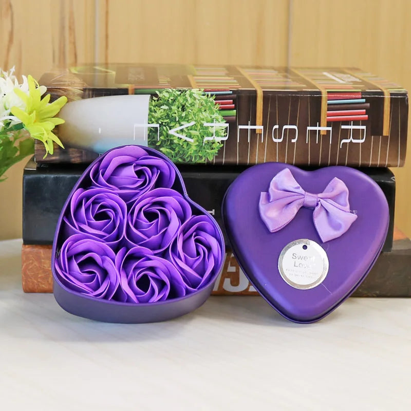 6Pcs Heart-shaped Rose Gift Box Simulated Rose Soap Flower Mother's Day Rose Gift Box Valentine's Day Rose Gift Wedding Souvenir Qme Purple