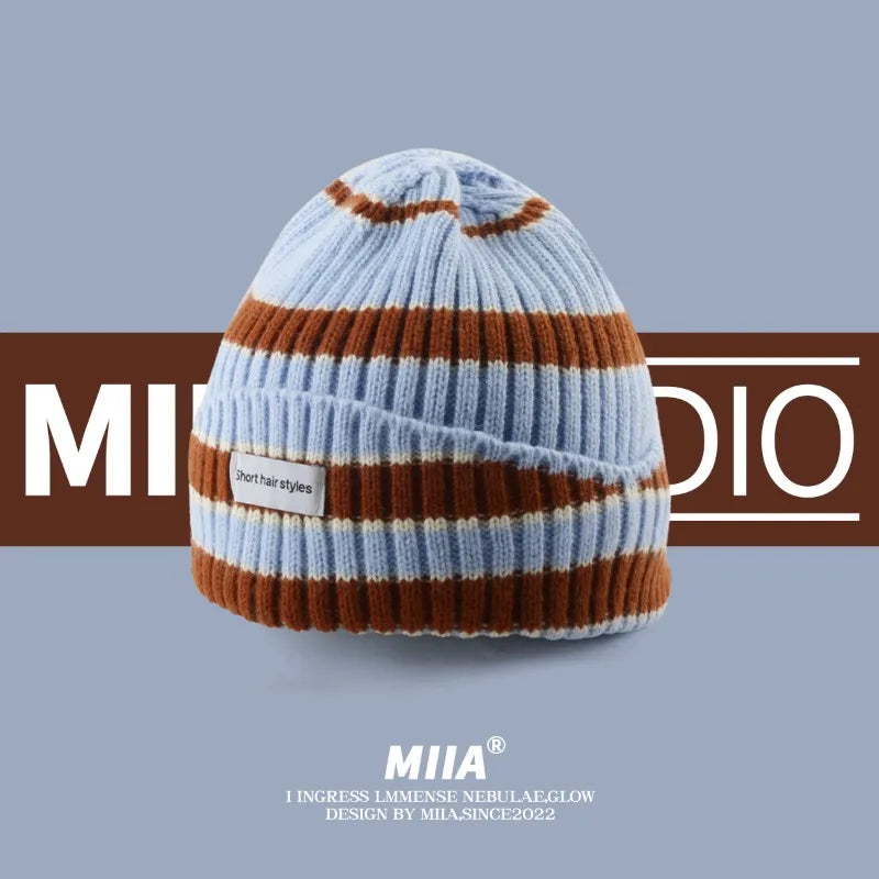 Niche Striped Autumn Winter Warm Wool Hat Showing Face Small Qme light bule One Size