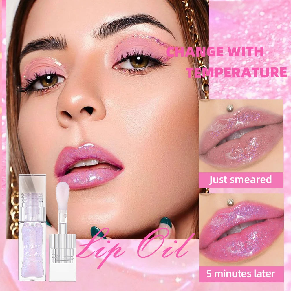 QIBEST Lip Oil Magic Warm Color Changing Lipstick Balm Lip Glaze Transparent Moisturizing Lipgloss Shiny Glitter Lipgloss Oil Qme