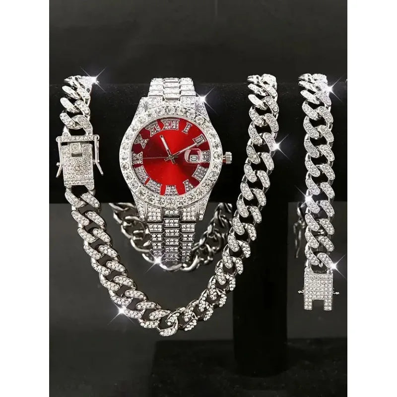 3-piece set hip-hop watch set with rhinestone bracelet and necklace, quartz Qme Rose