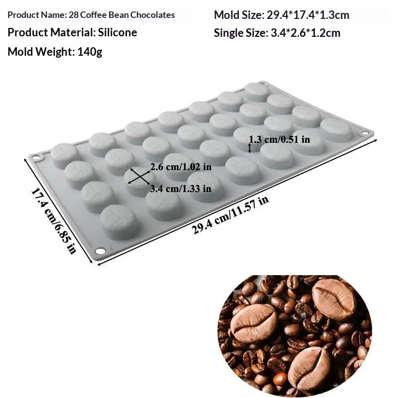6 28Cavity DIY Coffee Bean Forms Mousse Cake Mold Silicone Pastry Qme 28