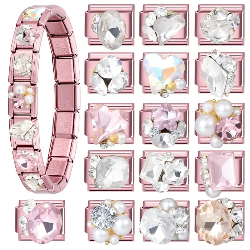 2025 New Sweet Zircon Bright Flowers Heart Bows Pink DIY Making Bracelet Women Men Stainless Steel 9mm Italian Charm Links Fit Qme