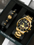 2pcs Men's Fashion Trend Metal Watch Strap Trinocular Dial Quartz Watch Handsome Lion Head Bracelet Qme Gold