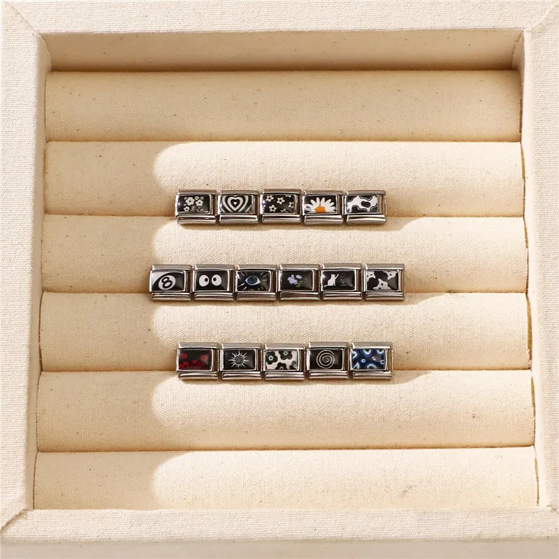 Fashion 2025 Cute White Cat Flowers Daisy Eyes Italian Links Charm Fit 9mm Stainless Steel Gift Modular Bracelet Jewelry Making Qme