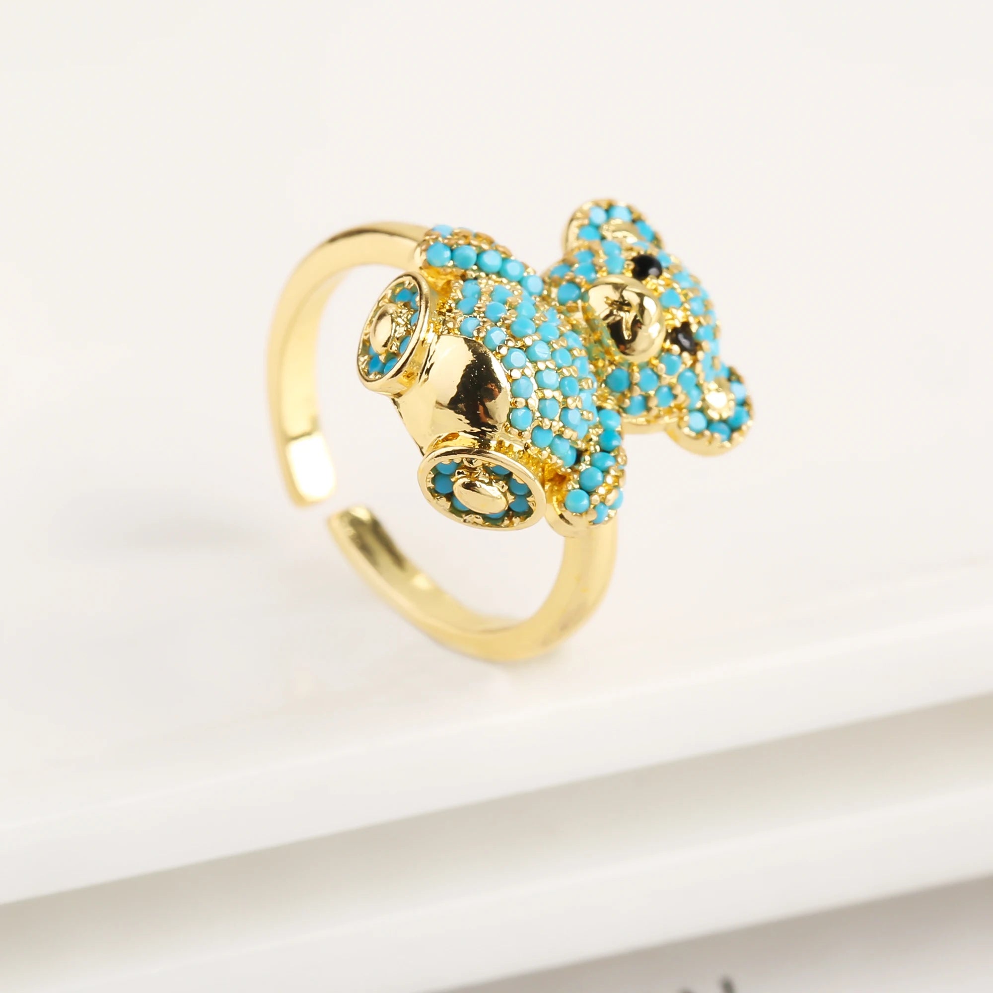 Cute Shiny Cubic Zirconia Animal Bear Ring Adjustable High Quality Women Fashion Party Jewelry Gift Daily Wear Dropshipping Qme Blue resizable