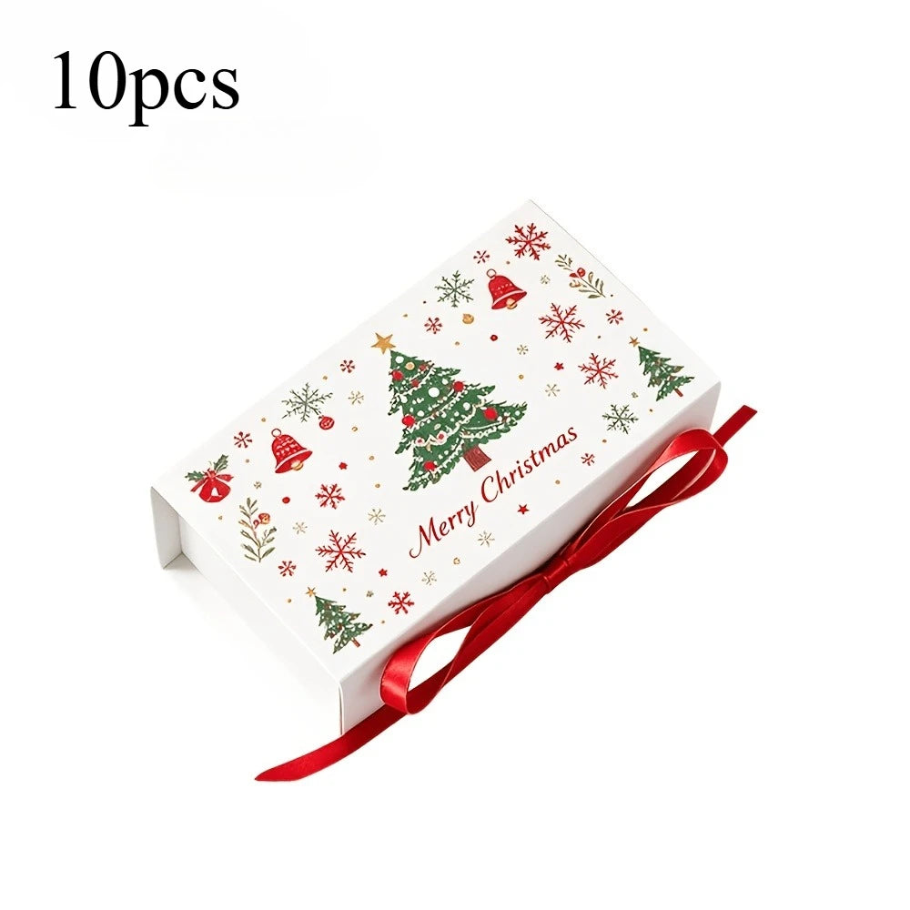 10pcs Merry Christmas Gift Boxes with Ribbon, Xmas Tree Snowflake Printed , Packaging Box for Holiday Biscuit Wedding Favor Qme 10pcs-White Reference size char