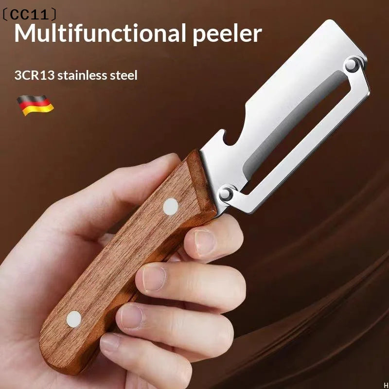 Multifunctional Stainless Steel Peeler Wooden Handle 3-in-1 Scallion Qme