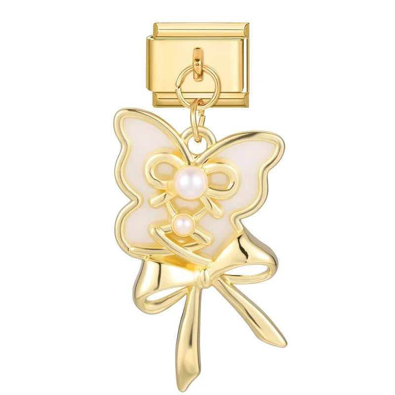 Fashion Flowers Rose Zircon Bowknot Butterfly Golden Italian Charm Links Fit 9mm Stainless Steel Bracelet Women DIY Making Gifts Qme Style 11