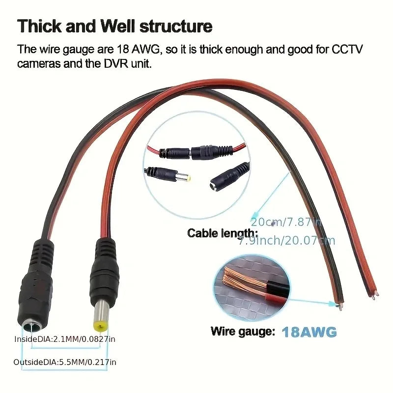 50pcs DC Power Cable 5.5*2.1mm Red Black Male Female Pure Copper for Security Camera Power Connection Qme