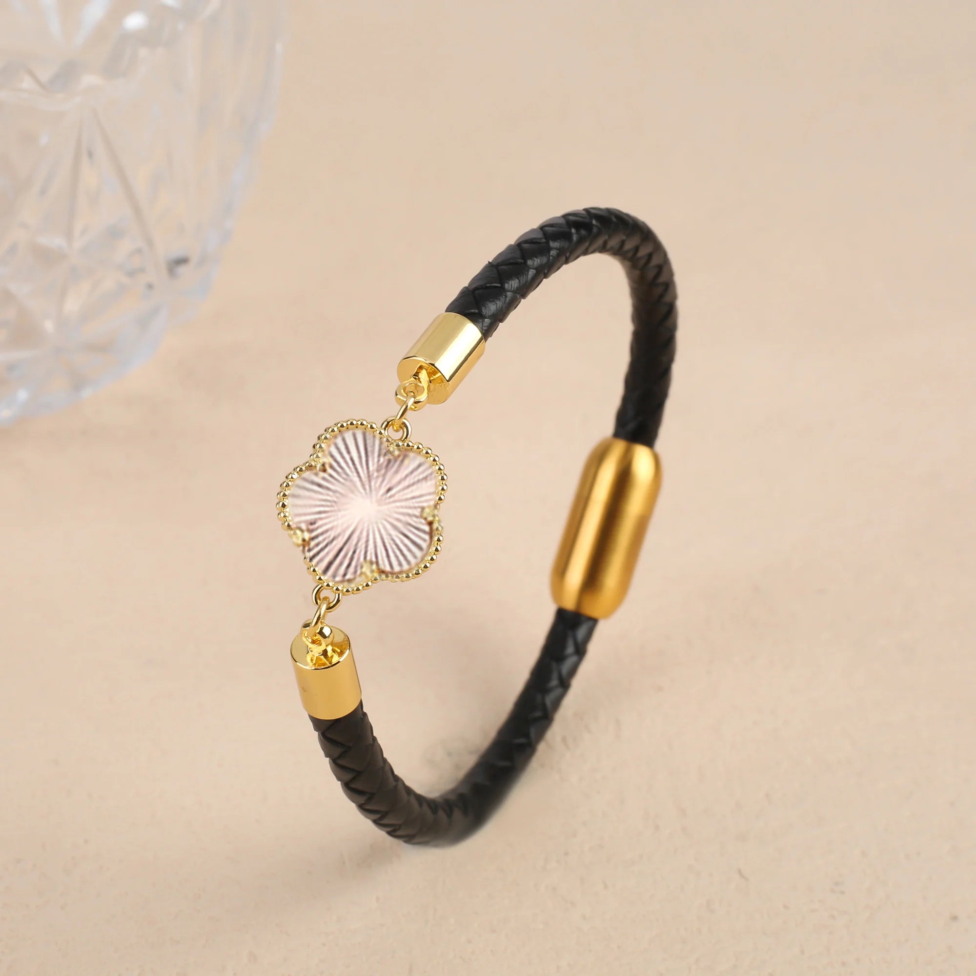 10 Colors Natural Gem Five-Leaf Flower Leather Bracelet Stainless Steel Magnetic Buckle for Women Flower Jewelry Free Shipping Qme Colors 9 19cm Coffee Leather