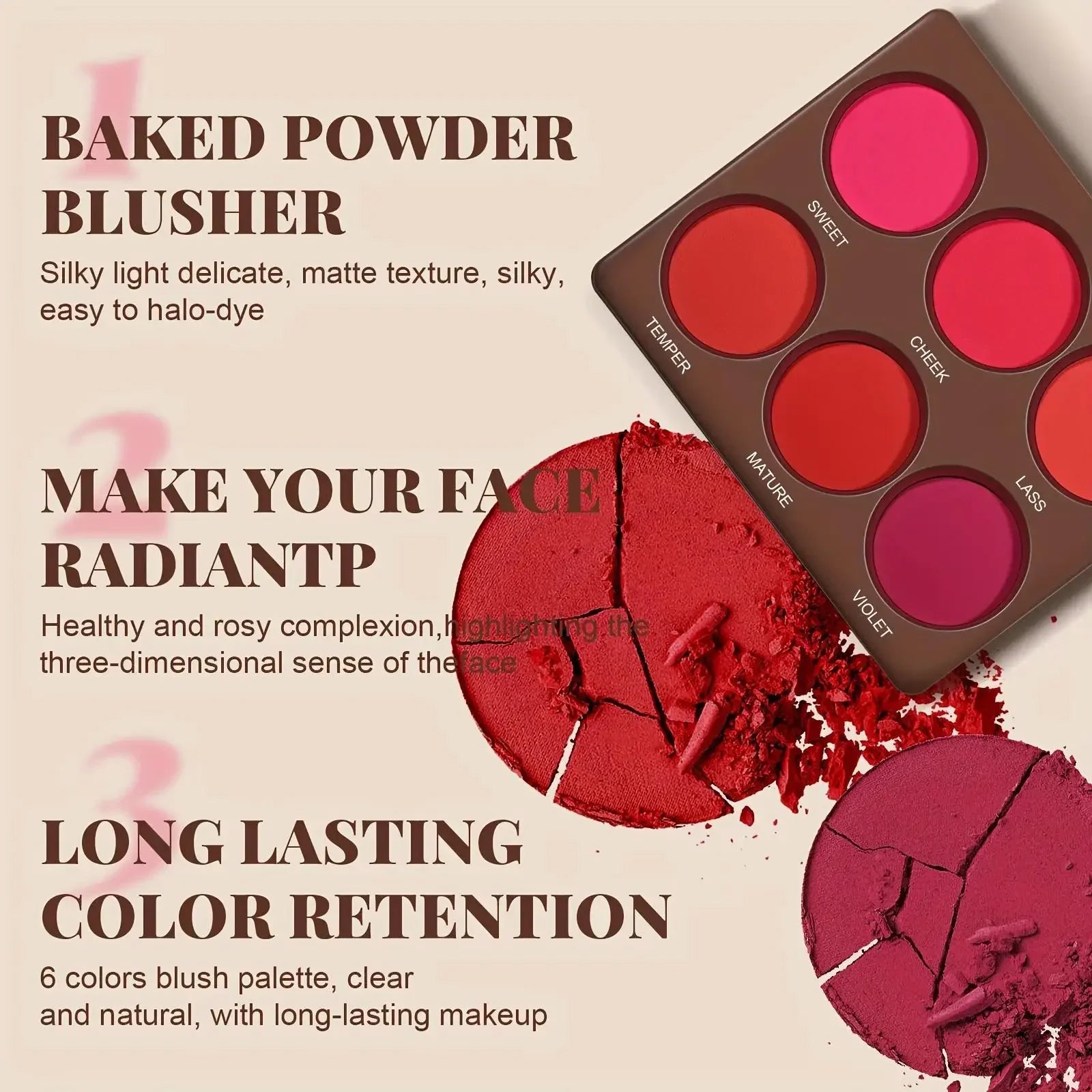 6 Colors Waterproof Matte Blush Palette Medium Buildable Coverage Long-Lasting Natural Finish Light and breathable, Qme