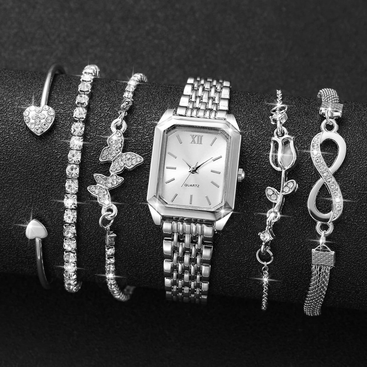 6Pcs/Set Women's Silver Jewelry Watch Set, Square Quartz Watch + 5 Pcs Crystal Bracelets, Elegant Fashion Style Qme