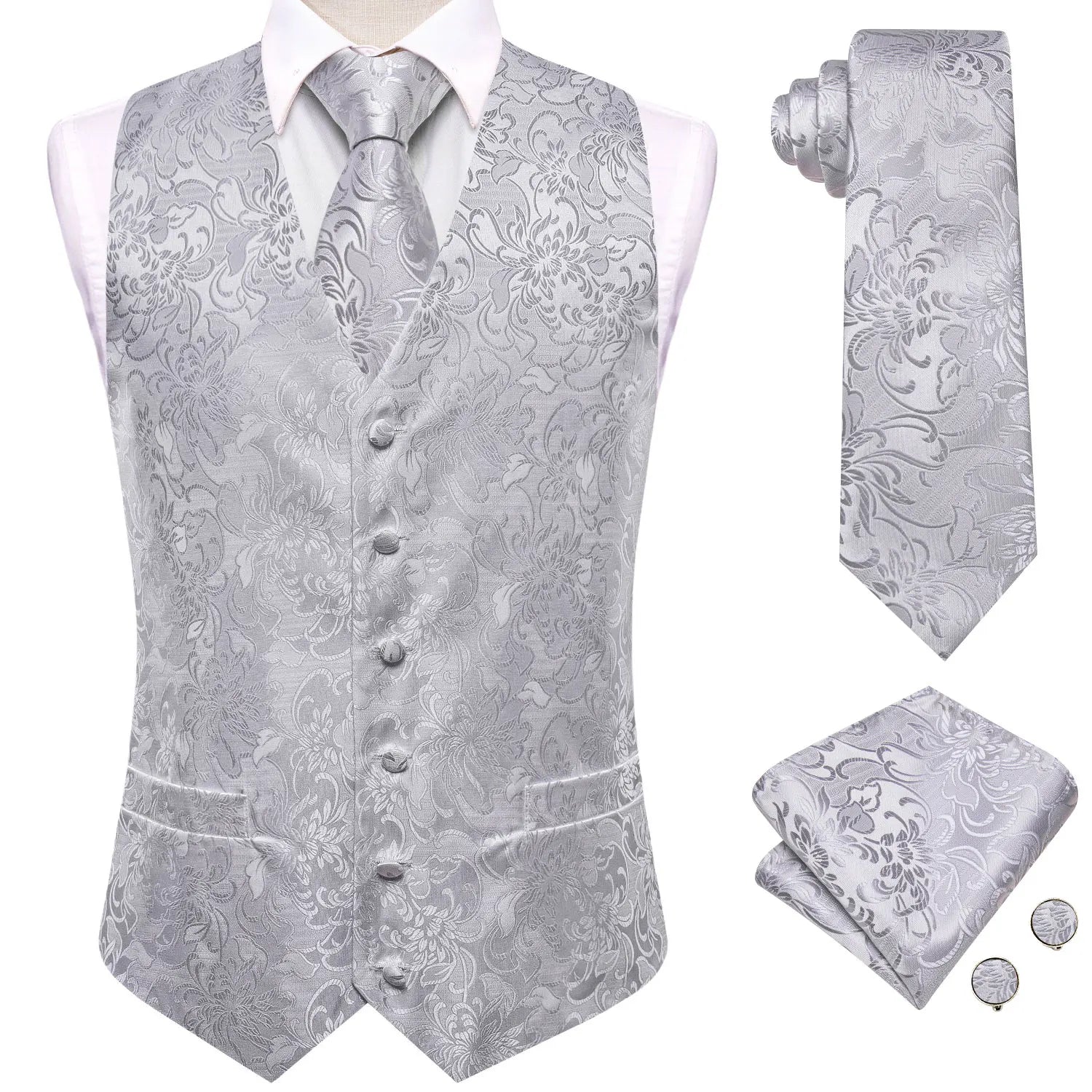 Men's Floral Vest Tie Hanky Cufflinks Formal Biege Grey White Qme MJTZ3506 S