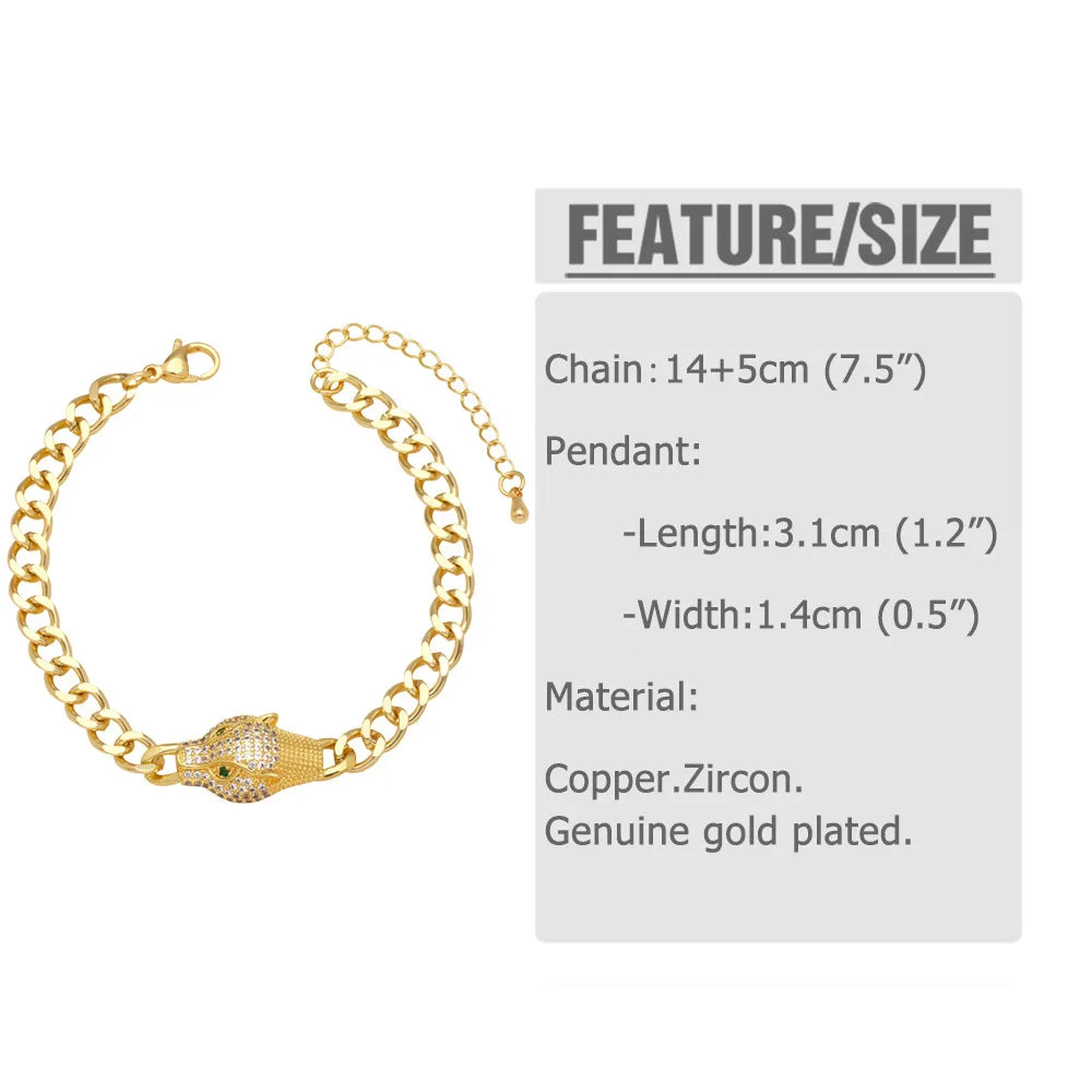 New Hot Punk Hip Hop Personality Leopard Head Bracelet Men and Women Cool Zircon Gold Plated Cuban Chain Wholesale Qme