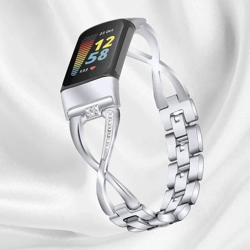Fashionable Watch Band for Fitbit Charge 5 Smart Watch for Charge 5 Wrist Bracelet Band Zinc Alloy Diamond Strap Correa Metal Qme Silver For Fitbit Charge 5