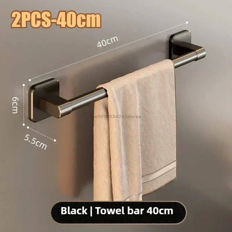Wall Mounted Towel Rack Bathroom Storage Rack No Drilling Bathroom Horizontal Bar Towel Rack Kitchen Bathroom Accessories Qme 2PCS-Black 40CM