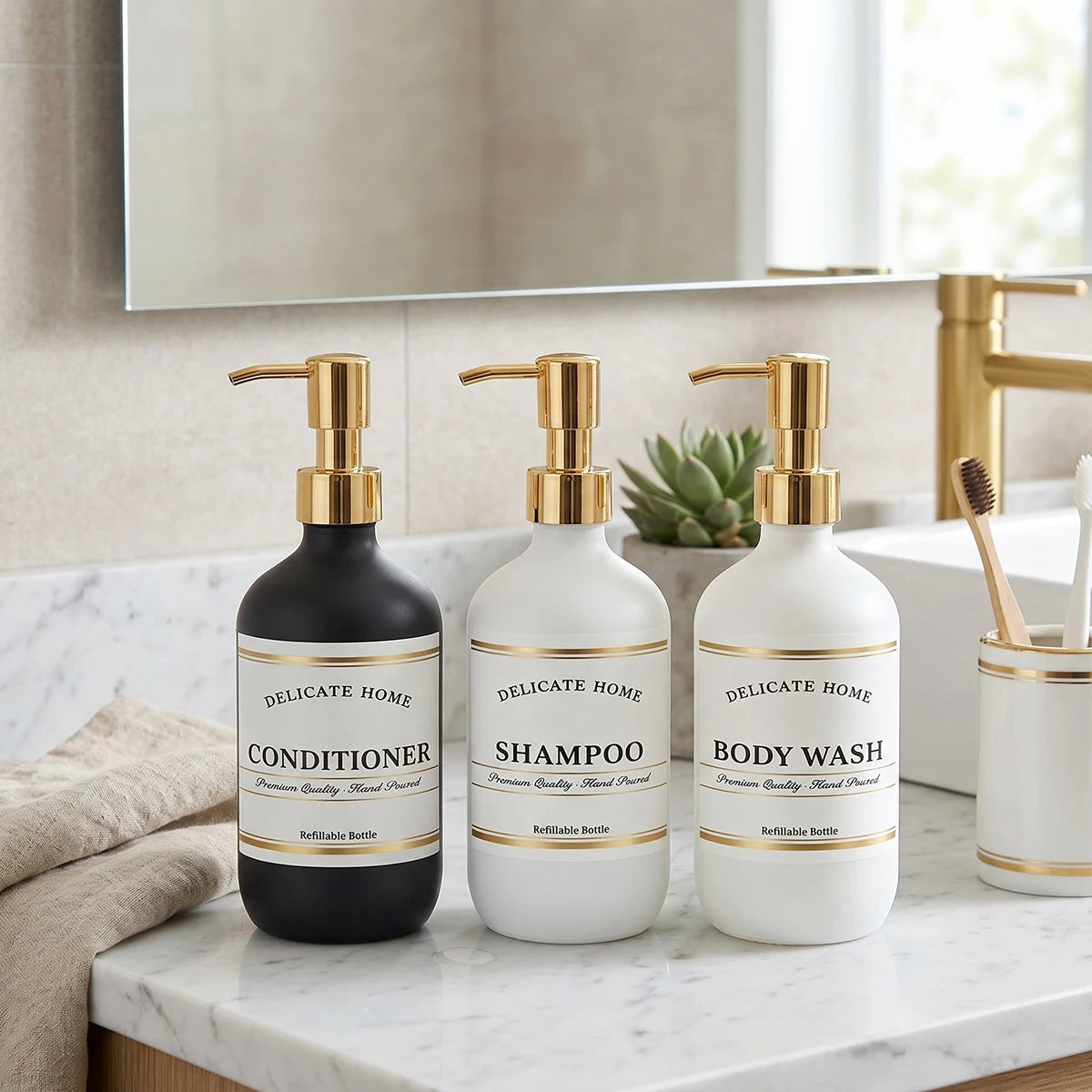 Delicate Home Refillable Shampoo Conditioner Body Wash Bottles Set of 3 Matte Black & White Plastic Pump Bottles Luxury Bathroom Qme