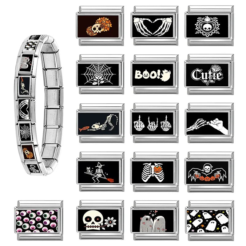 2026 Women Men Colored Star Ghost Cats Halloween Charms Italian Links Fit 9mm Bracelet Stainless Steel DIY Making Jewelry Gift Qme