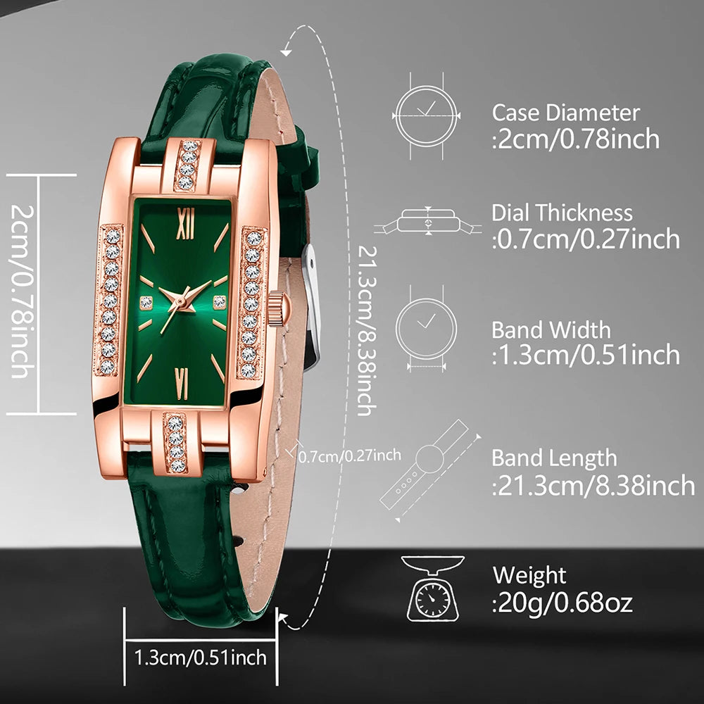 Luxury 6 In 1 Emerald Rhinestone Watch Necklace Earrings Ring Bracelet Set Qme