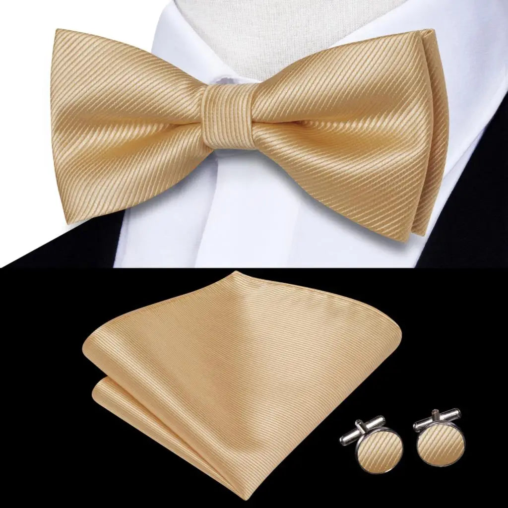 Beige Champagne Gold Mens Bow Tie Hanky Cufflinks Set Jacquard Floral Pre Tied Butterfly Bowtie for Male Wedding silk Business Qme LDLH2513