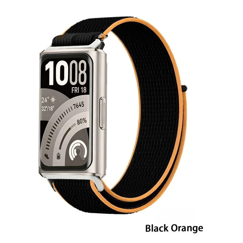 A Stylish Lightweight Nylon Loop Watchband with Exquisite Hardware Stitching Velcro Strap for Huawei Bracelet 11 Series 11 pro Qme Black Orange Huawei 11 11Pro
