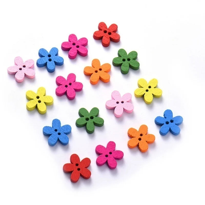 100 Pcs 2-hole Mixed Flower Wooden Decorative Buttons Suitable for Sewing Clip Arts and Crafts Multicolor 14x15mm Qme as picture