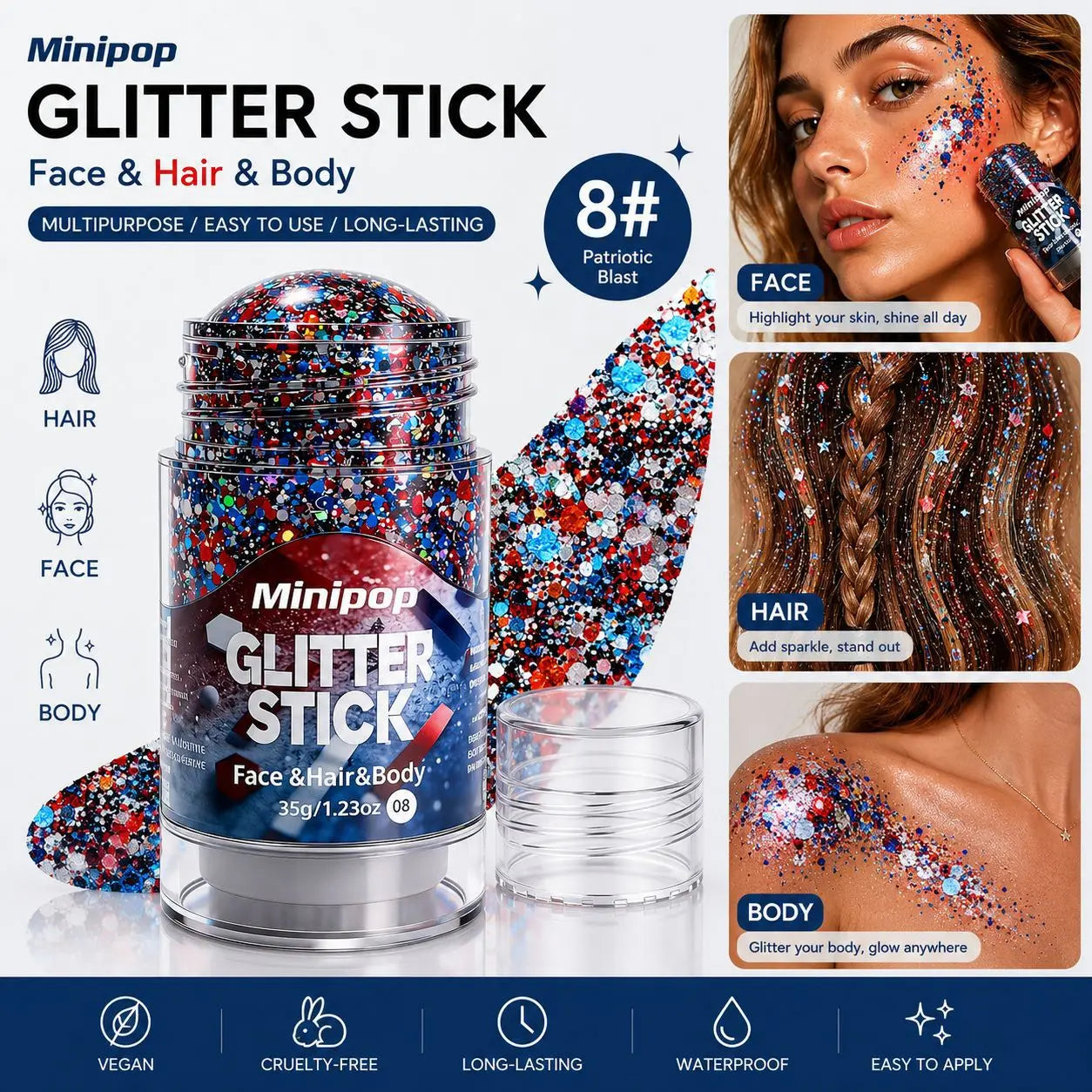 Aurora White Glitter Sequins Stick Face Hair Body Glitter Gel Waterproof Long Lasting Green Purple Shimmer Makeup Party Cosmetic Qme 08 35g
