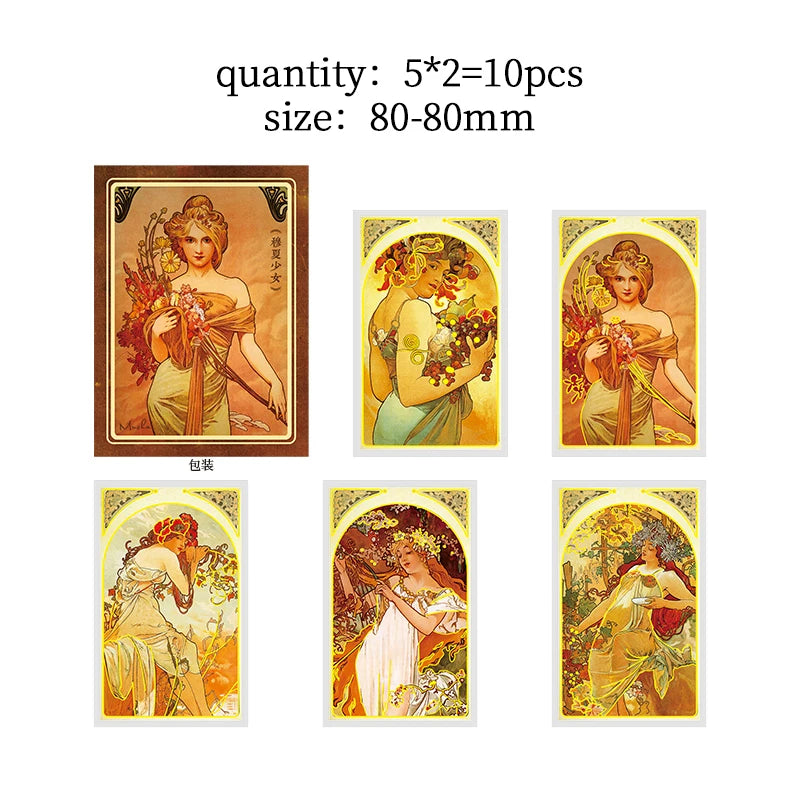 10 pcs/lot Mucha theme Stickers Diy Decorative Scrapbooking Diary Stick Labels Album hand made Collage material Qme A