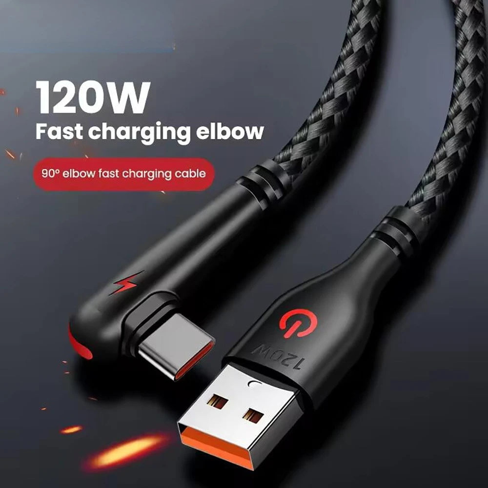 120W USB Charger Cable 90 Degree Elbow Type C Fast Charge Data Wire Phone PD Nylon Braided Charge Cord For Xiaomi Huawei Samsung Qme