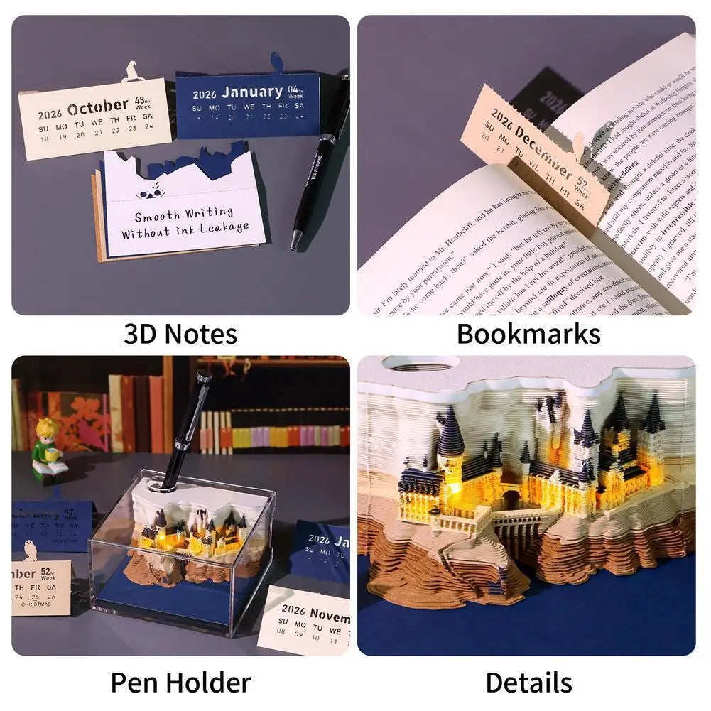 2026 Creative Hogwarts Magic Castle Calendar Sticker With Light 3D Hand-torn Castle Calendar Tear-Away Notepad DIY Craft Gifts Qme