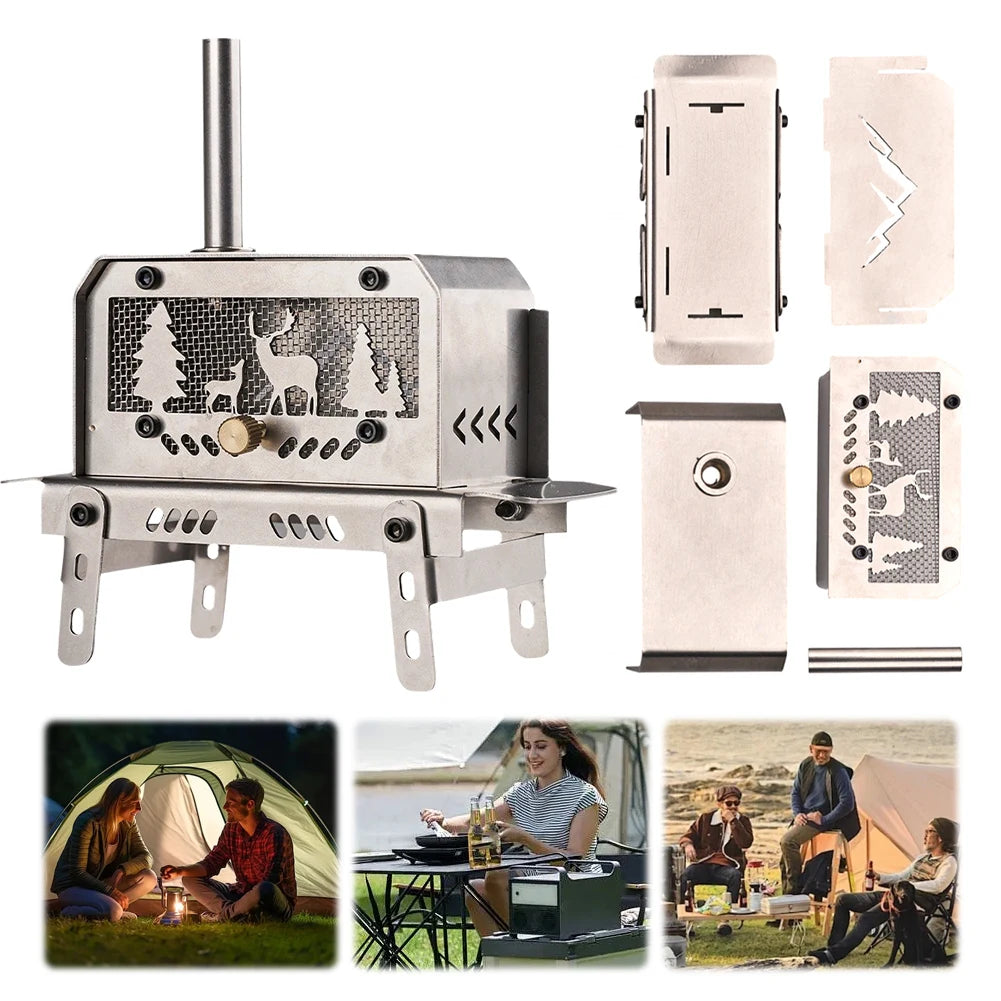 Mini Tent Stove with Chimney Outdoor Firewood Stove Stainless Steel Wood Burning Stove for Outdoor Cooking BBQ Qme