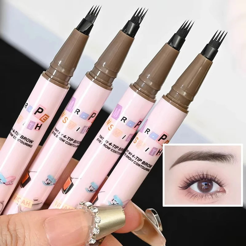 4 Colors Eyebrow Pen Waterproof 4 Fork Tip Eyebrow Tattoo Pencil Cosmetic Long Lasting Natural Dark Brown Liquid Eye Brow Pencil Qme