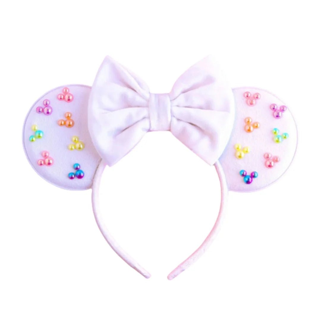 White Pearls Mickey Ears Hair Accessories for Girls Solid Color Soft Cotton Bow Headbands Women Minnie Mouse Hair Accessorie Qme Headband 8