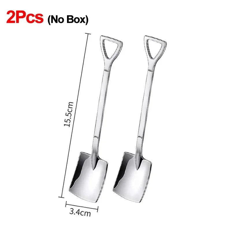 Stainless Steel Shovel Spoon Cutlery Coffee Tea Spoon Ice Cream Dessert Fruit Party Scoop Teaspoon Kitchen Tableware Cutlery Set Qme B-2PCS