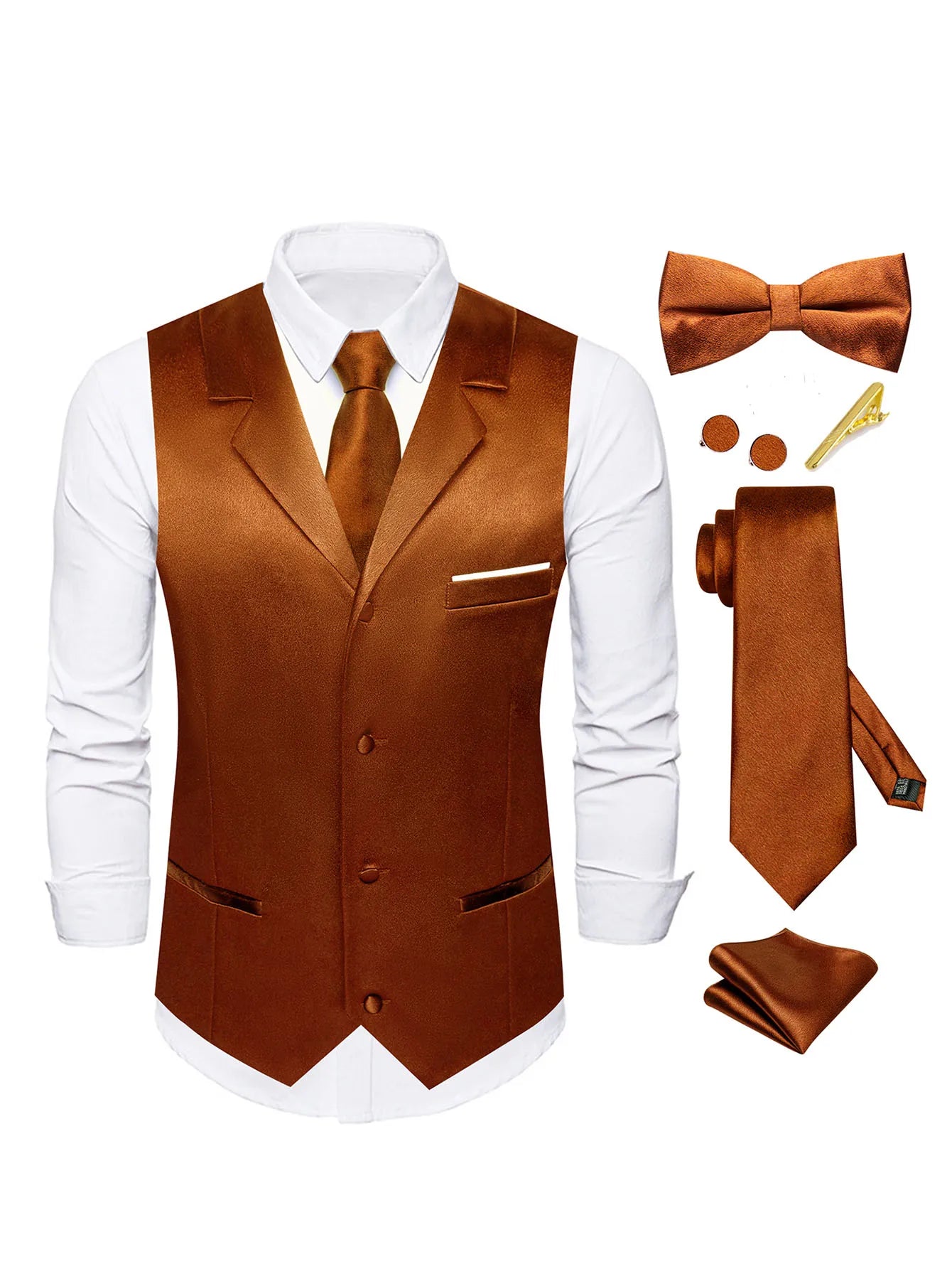 Men's Satin Vest Tie Hanky Cufflinks Bowtie Clip Formal Waistcoat Qme