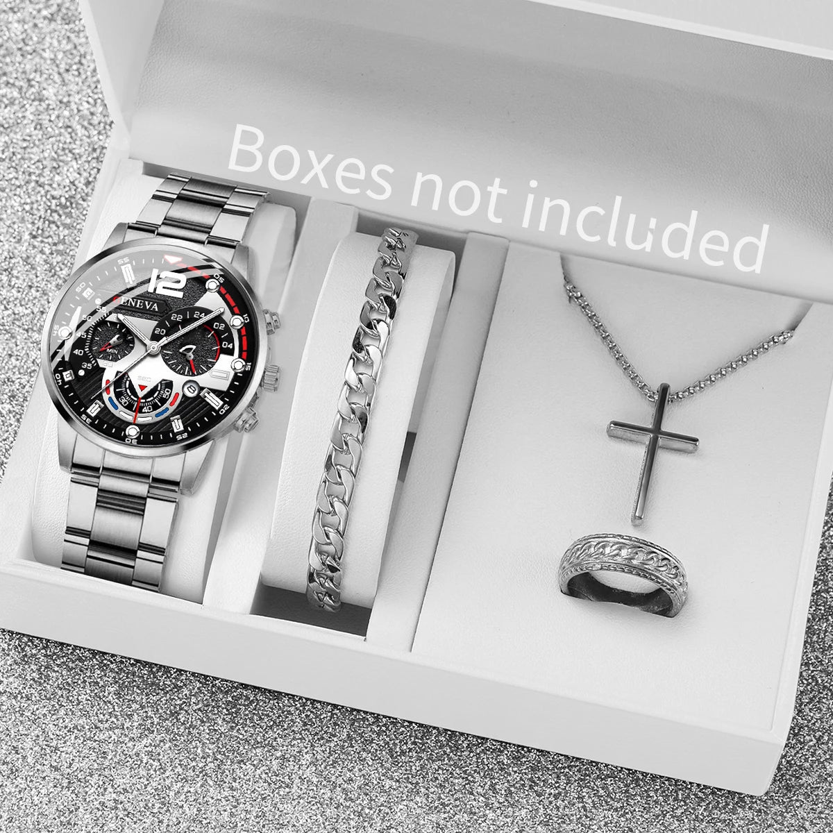 3/4 piece fashionable men's steel strip business quartz watch silver jewelry set (excluding gift box) Qme 4PCS Set Without Box No